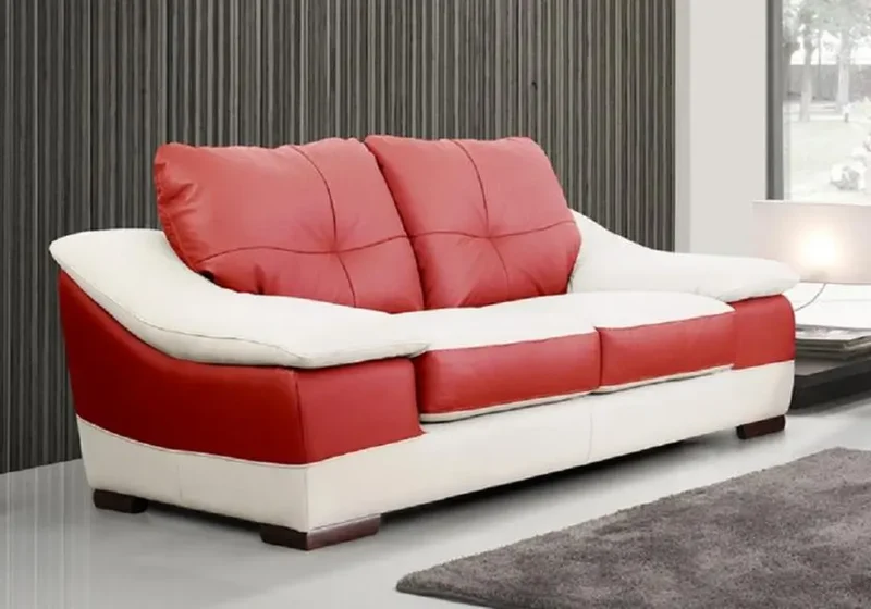 Canapé droit bicolore en cuir crème et rouge - Carman