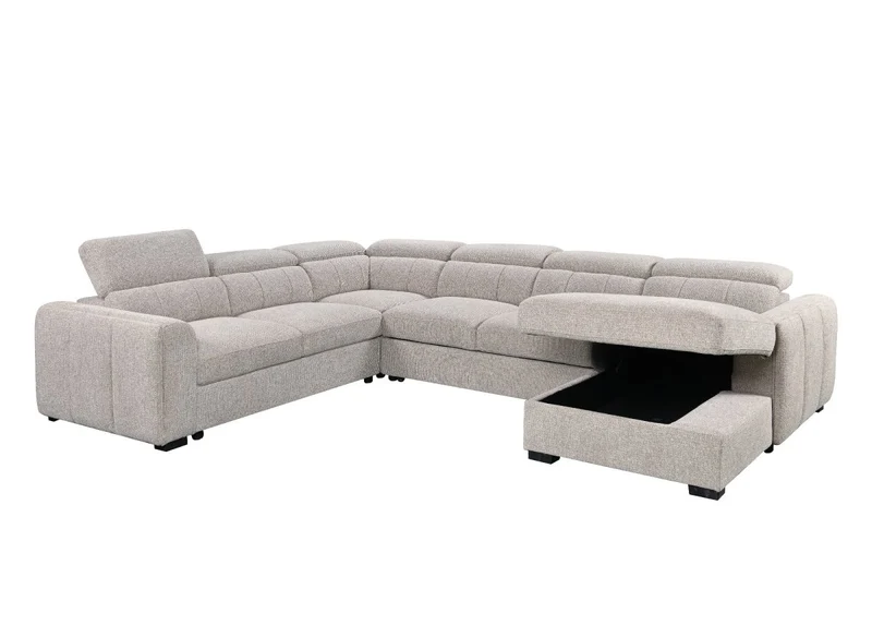 Canapé panoramique convertible avec coffre en tissu bouclette taupe NAJAH - Angle droit