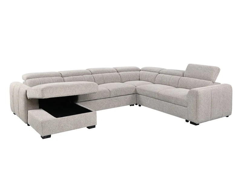 Canapé panoramique convertible avec coffre en tissu bouclette taupe NAJAH - Angle gauche