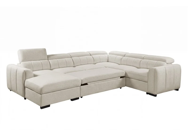 Canapé panoramique convertible avec coffre en tissu bouclette beige NAJAH - Angle gauche