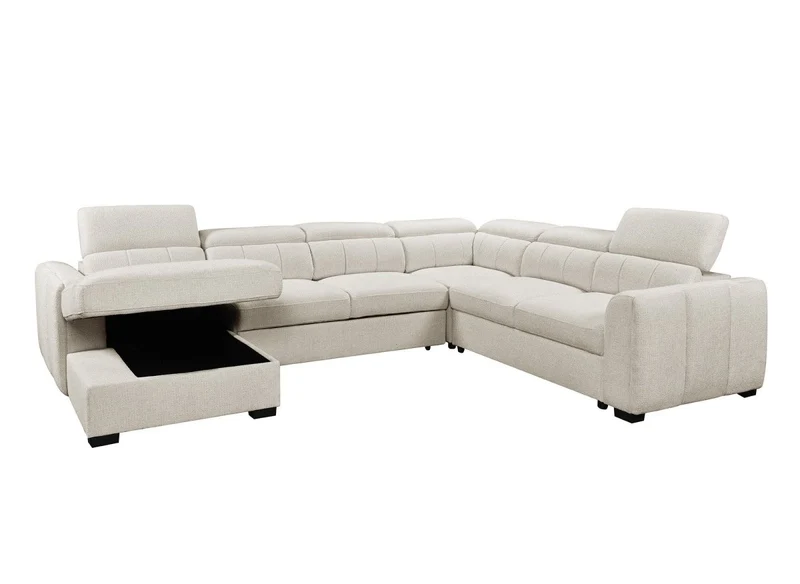 Canapé panoramique convertible avec coffre en tissu bouclette beige NAJAH - Angle gauche