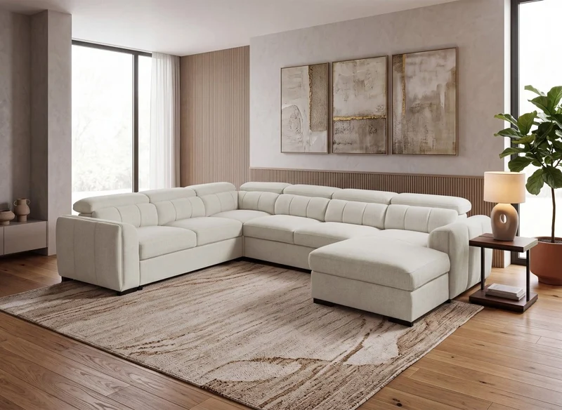 Canapé panoramique convertible avec coffre en tissu bouclette beige NAJAH - Angle droit