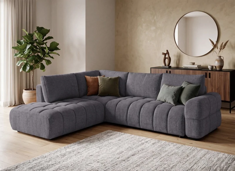 Canapé d'angle convertible avec coffres en velours texturé gris foncé NAELIE - Angle gauche