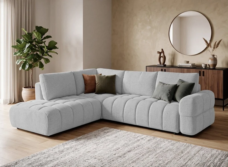 Canapé d'angle convertible avec coffres en velours texturé gris clair NAELIE - Angle gauche