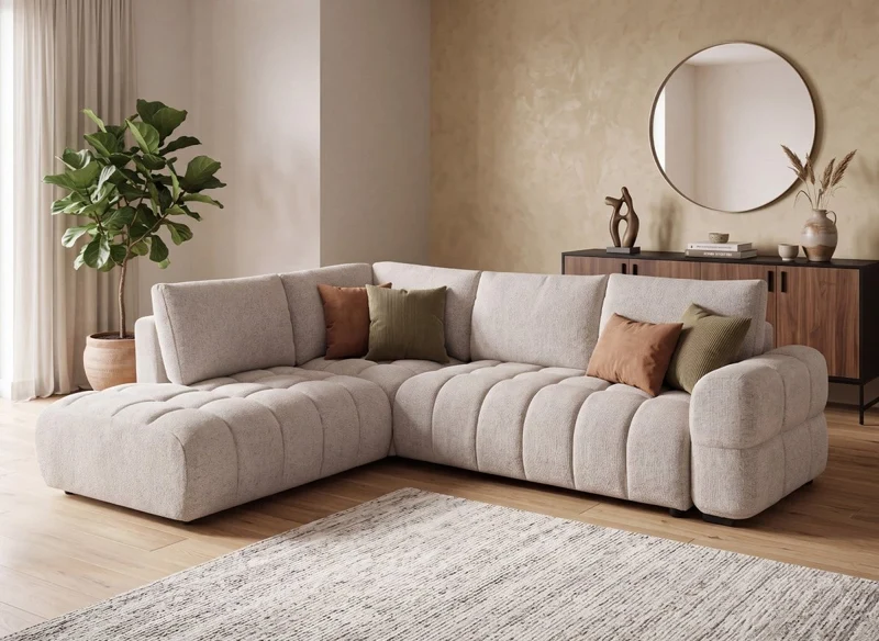 Canapé d'angle convertible avec coffres en velours texturé beige NAELIE - Angle gauche