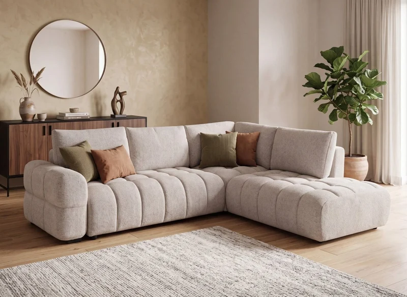 Canapé d'angle convertible avec coffres en velours texturé beige NAELIE - Angle droit