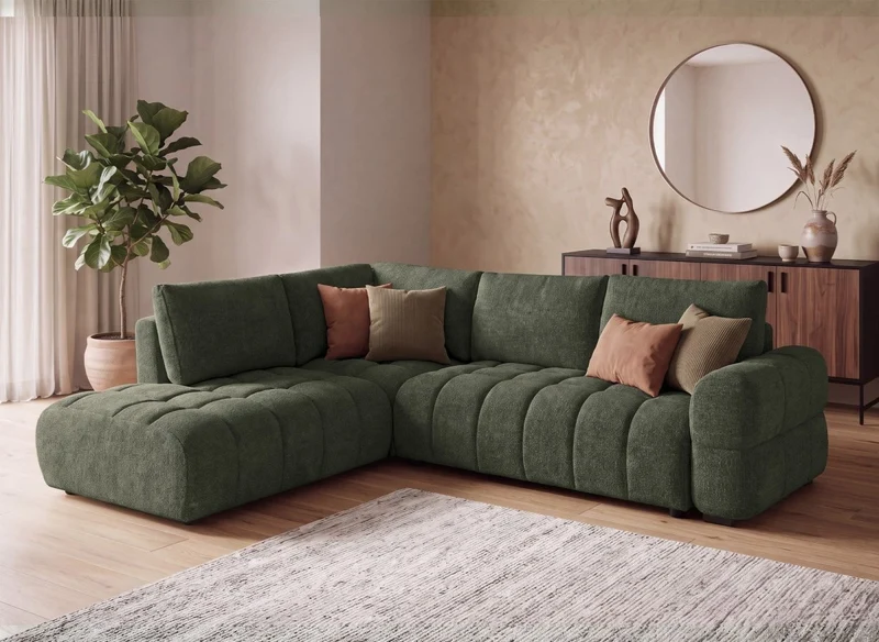 Canapé d'angle convertible avec coffres en velours texturé vert olive NAELIE - Angle gauche