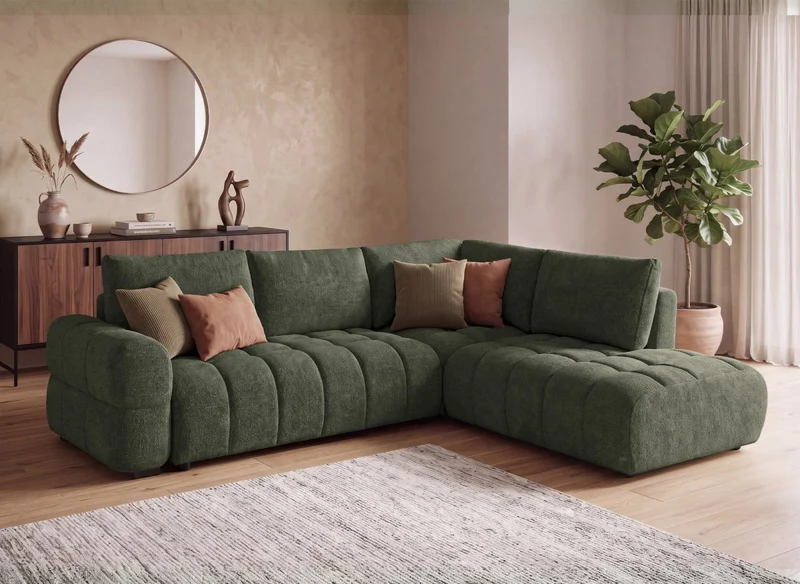 Canapé d'angle convertible avec coffres en velours texturé vert olive NAELIE - Angle droit