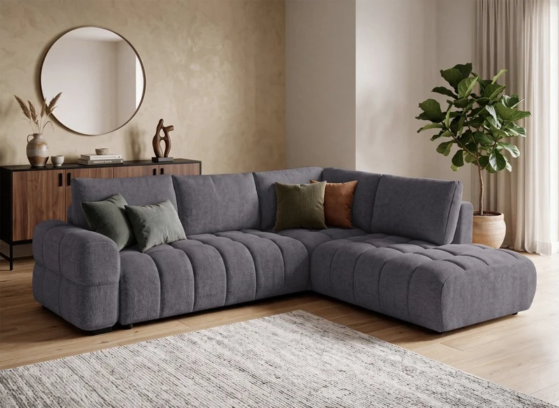 Canapé d'angle convertible avec coffres en velours texturé gris foncé NAELIE - Angle droit