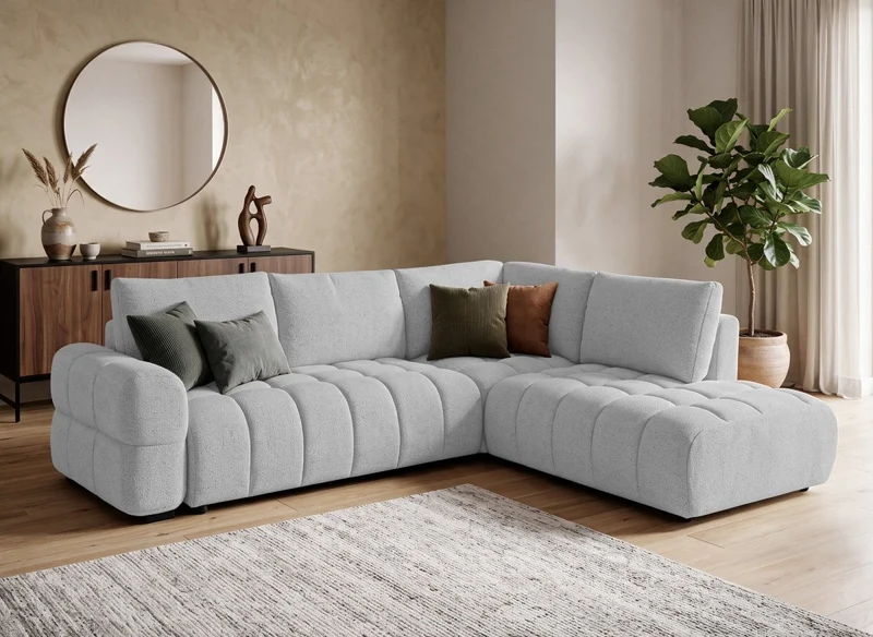 Canapé d'angle convertible avec coffres en velours texturé gris clair NAELIE - Angle droit