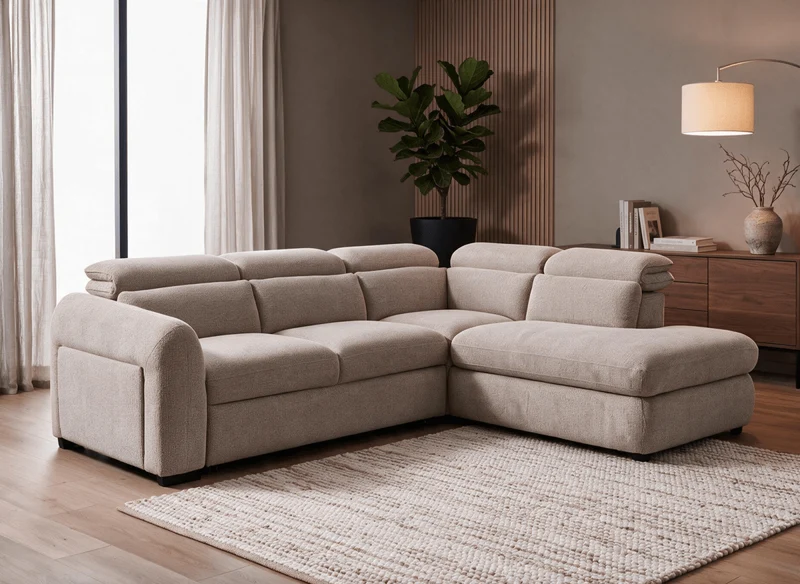 Canapé d'angle convertible avec coffre en velours texturé taupe MADISON - Angle droit