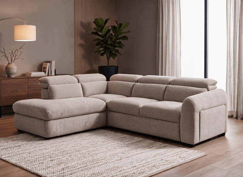 Canapé d'angle convertible avec coffre en velours texturé taupe MADISON - Angle gauche