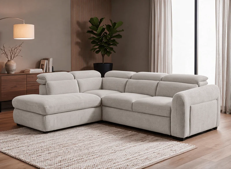 Canapé d'angle convertible avec coffre en velours texturé beige MADISON - Angle gauche