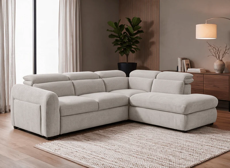 Canapé d'angle convertible avec coffre en velours texturé beige MADISON - Angle droit