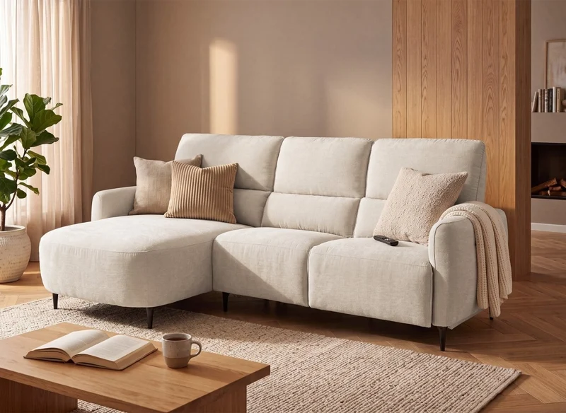 Canapé d'angle relax électrique en tissu texturé beige LAHYS - Angle gauche