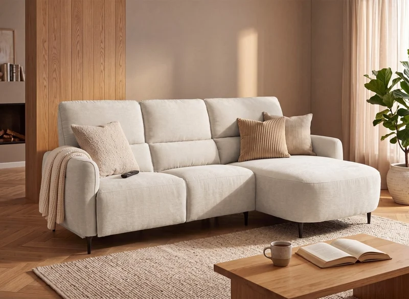Canapé d'angle relax électrique en tissu texturé beige LAHYS - Angle droit