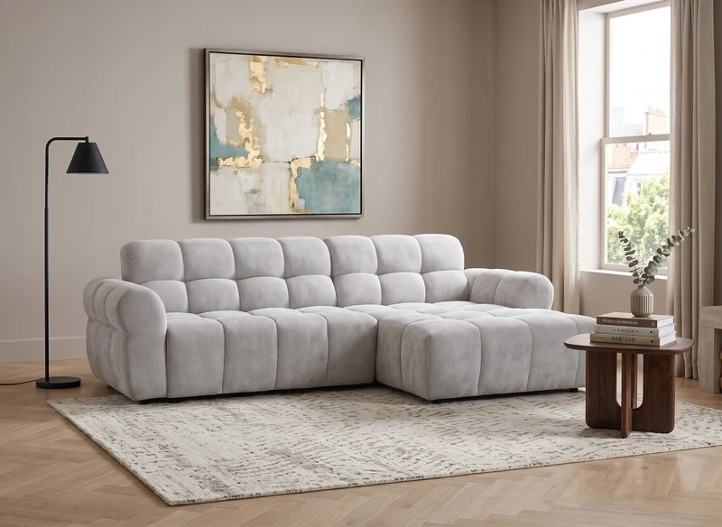 Canapé d'angle fixe en velours texturé gris clair JAROD - Angle droit