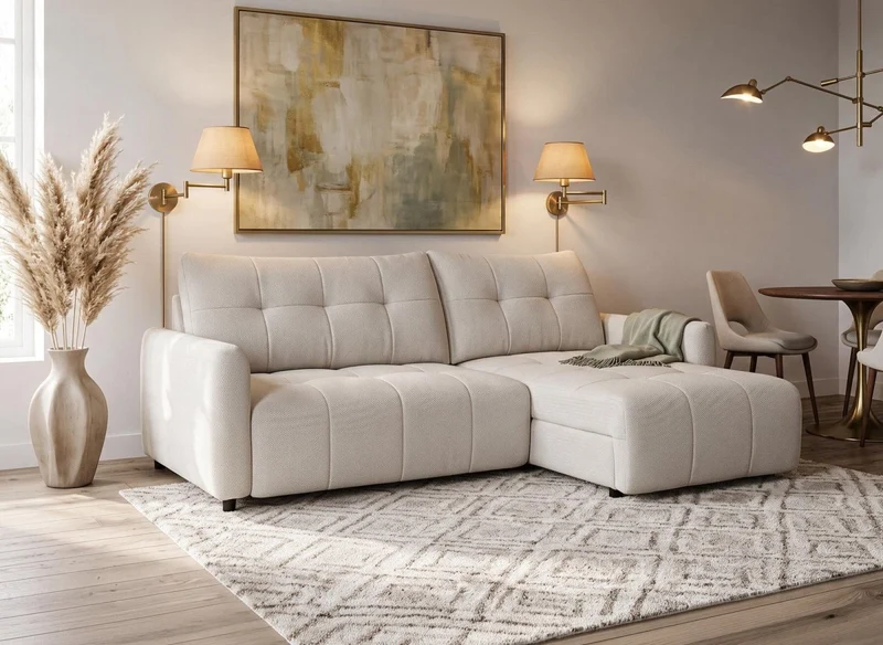 Canapé d'angle relax réversible avec coffre en tissu texturé beige KALINKA