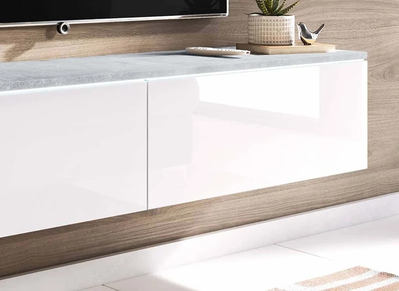 Meuble TV contemporain béton et laqué blanc avec LED 2 portes MALORIE - 140 cm