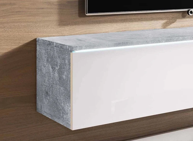 Meuble TV contemporain béton et laqué blanc avec LED 2 portes MALORIE - 140 cm