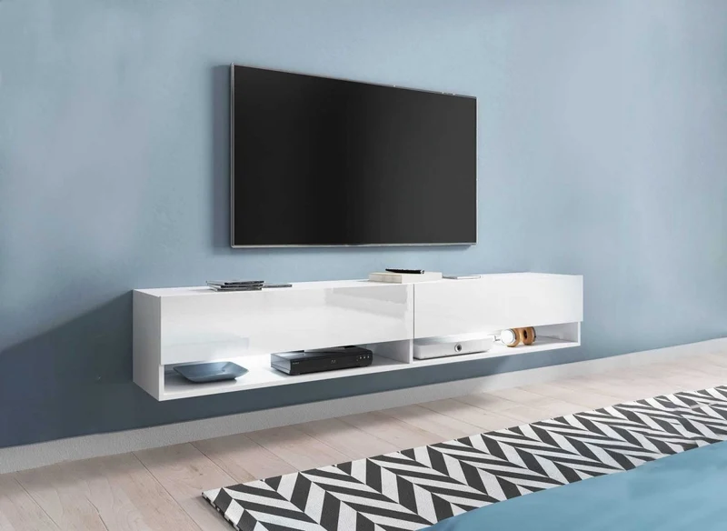 Meuble TV suspendu 2 portes 2 niches blanc ROMANE XXL - 180 cm
