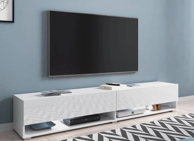Meuble TV suspendu 2 portes 2 niches blanc ROMANE XXL - 180 cm