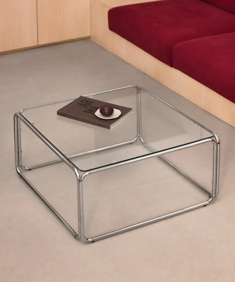 Mesa de Centro Cuadrada de Metal y Cristal Templado Cos (80x80cm)