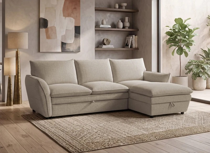 Canapé d'angle convertible avec coffre en tissu taupe CAPUCINE - Angle droit