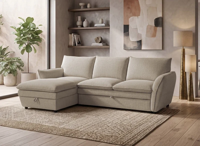 Canapé d'angle convertible avec coffre en tissu taupe CAPUCINE - Angle gauche