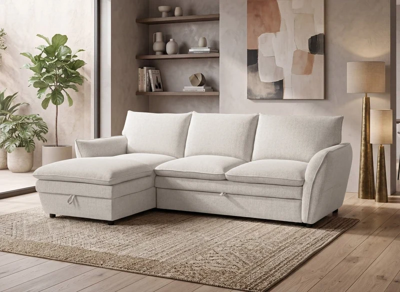 Canapé d'angle convertible avec coffre en tissu beige CAPUCINE - Angle gauche