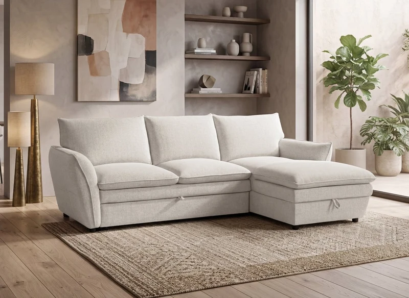 Canapé d'angle convertible avec coffre en tissu beige CAPUCINE - Angle droit
