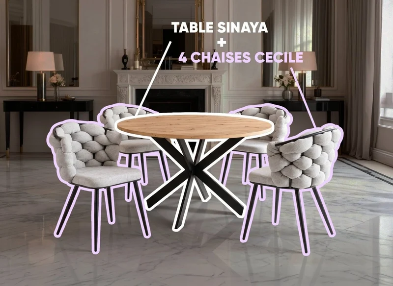 Table à manger ronde SINAYA + Lot de 4 chaises grises CECILE