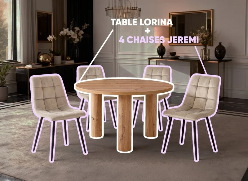 Table à manger LORINA + Lot de 4 chaises en velours beige JEREMI