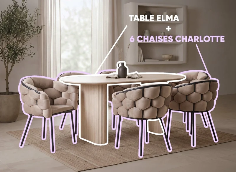 Table à manger 6 personnes ELMA + Lot de 6 chaises en velours taupe CHARLOTTE