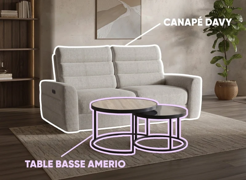 Canapé 3 places relax électrique DAVY + Lot de 2 tables basses AMERIO