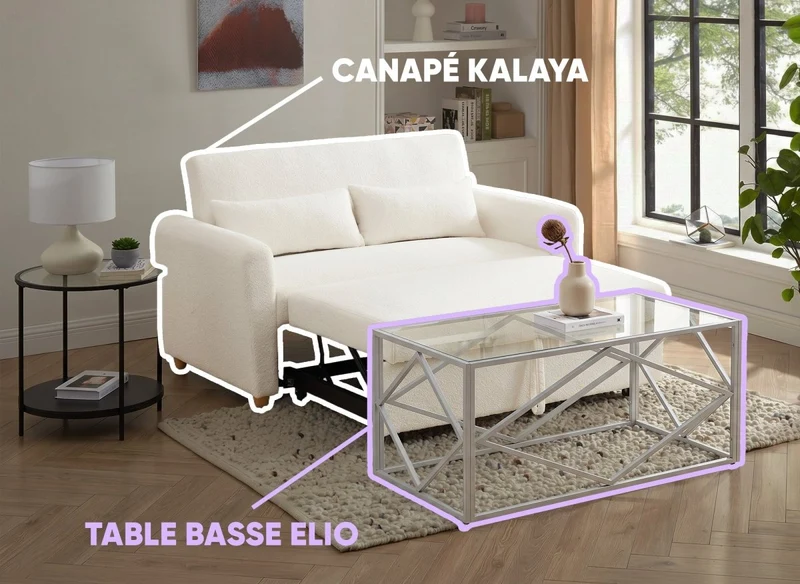 Canapé convertible 3 places écru KALAYA + Table basse ELIO