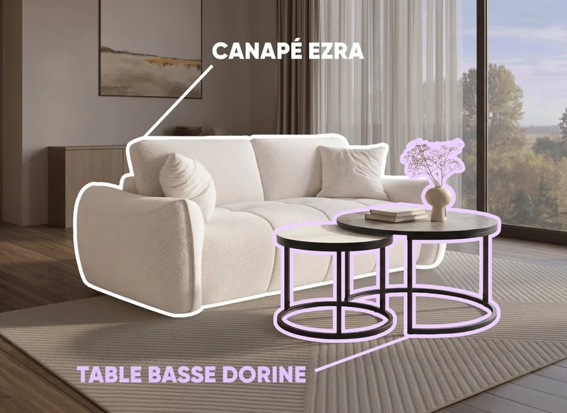 Canapé 3 places beige EZRA + Lot de 2 tables basses DORINE