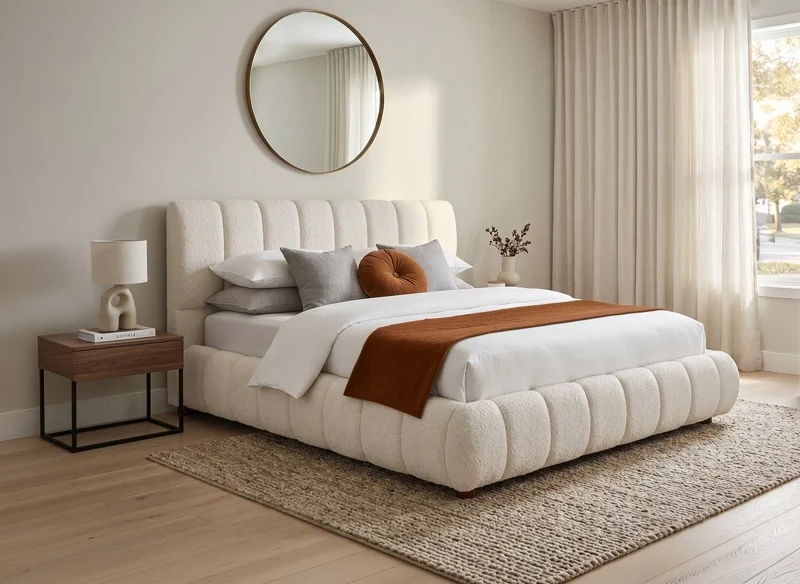 Lit double en tissu bouclette beige 160x200 cm RILEY