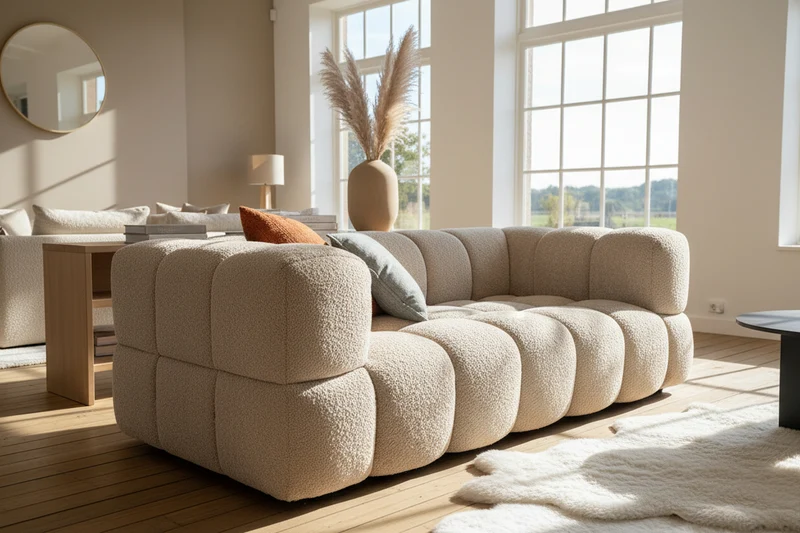 Canapé droit beige en tissu bouclette - Noah