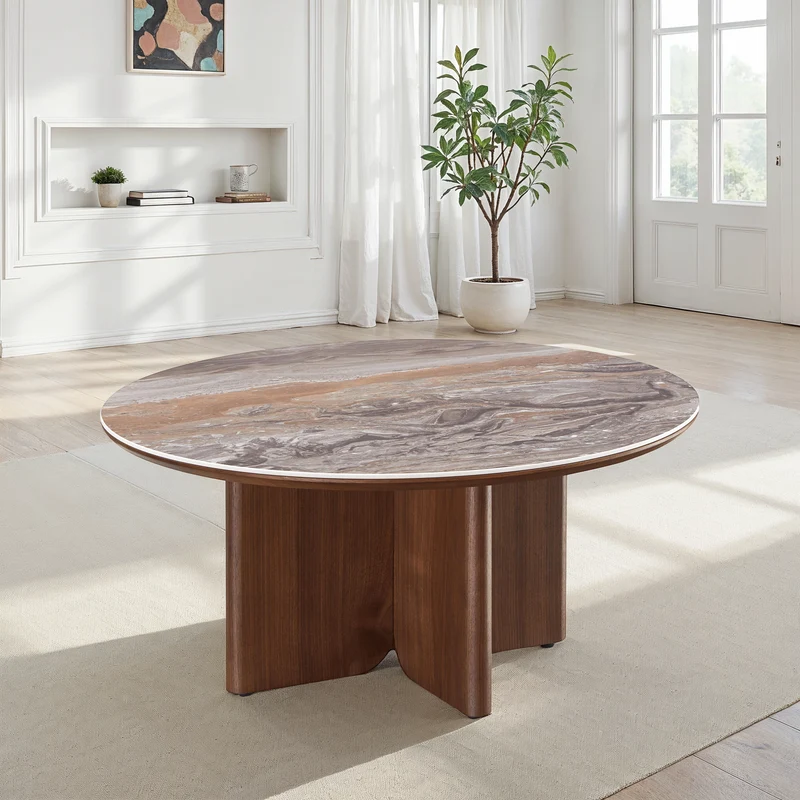 Table basse en particules de bois plateau céramique rond, D80xH38CM - NERO