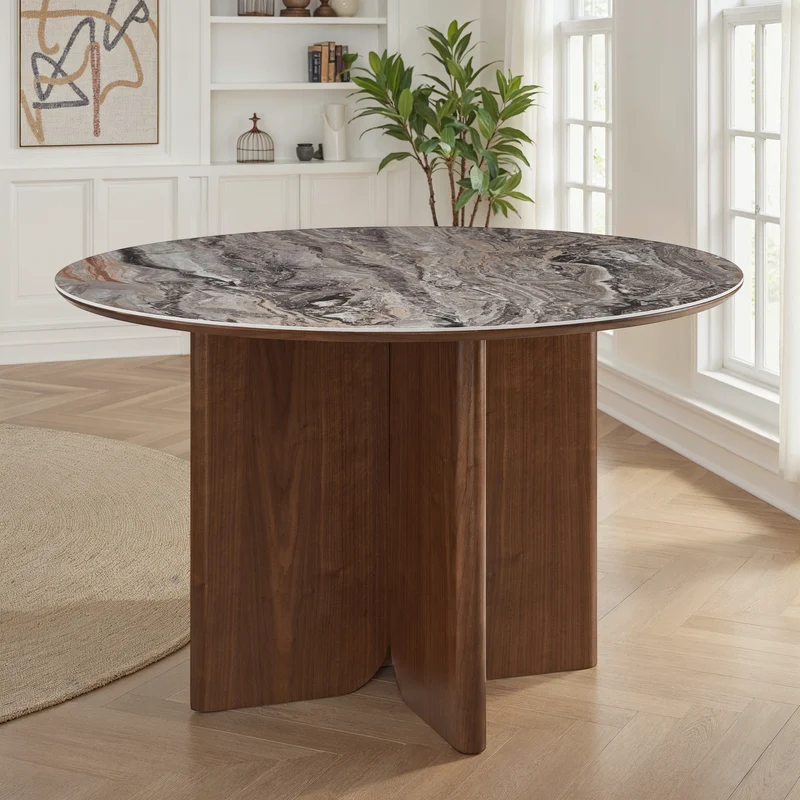 Table à manger en particules de bois plateau céramique rond, H76CM - NERO