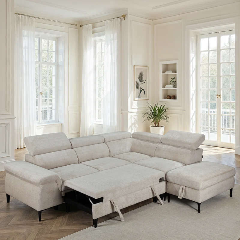 Canapé d'angle repose tête réglables convertible en tissu avec coffre rangement, 258x217xH79/99CM - PINTO