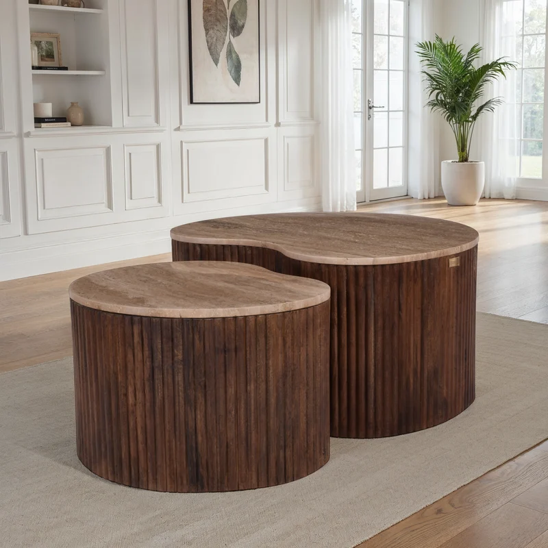 Set de 2 tables basses en bois avec plateau en céramique, 80x58,5xH40CM et 58x47xH35CM - VALMONT
