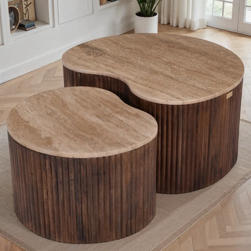 Set de 2 tables basses en bois avec plateau en céramique, 80x58,5xH40CM et 58x47xH35CM - VALMONT