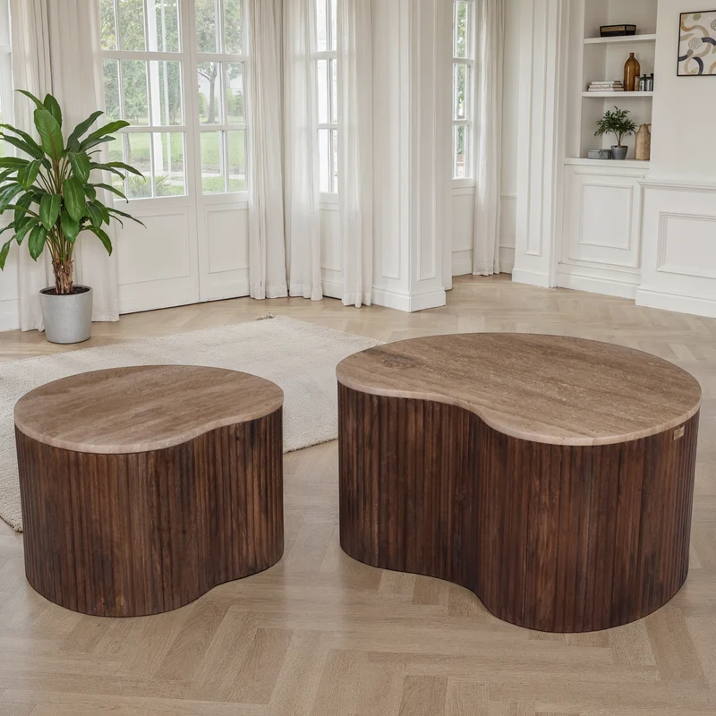 Set de 2 tables basses en bois avec plateau en céramique, 80x58,5xH40CM et 58x47xH35CM - VALMONT