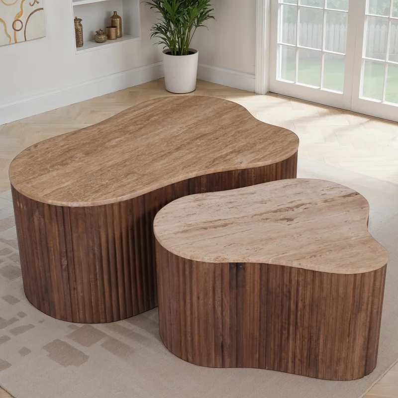Set de 2 tables basses en bois avec plateau en céramique, 85x59xH40CM et 60x41xH35CM - VALMONT