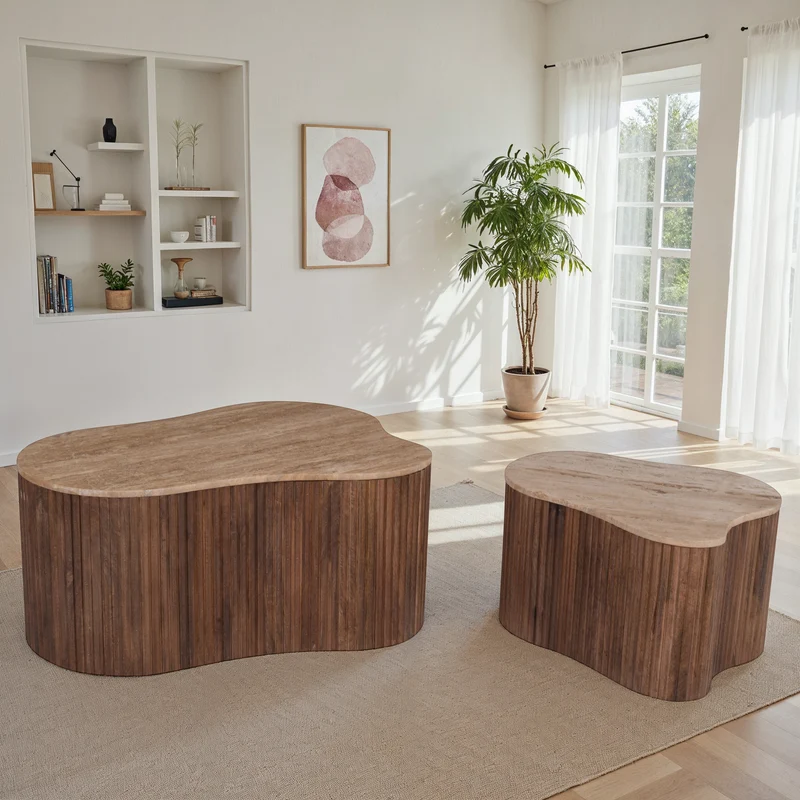 Set de 2 tables basses en bois avec plateau en céramique, 85x59xH40CM et 60x41xH35CM - VALMONT