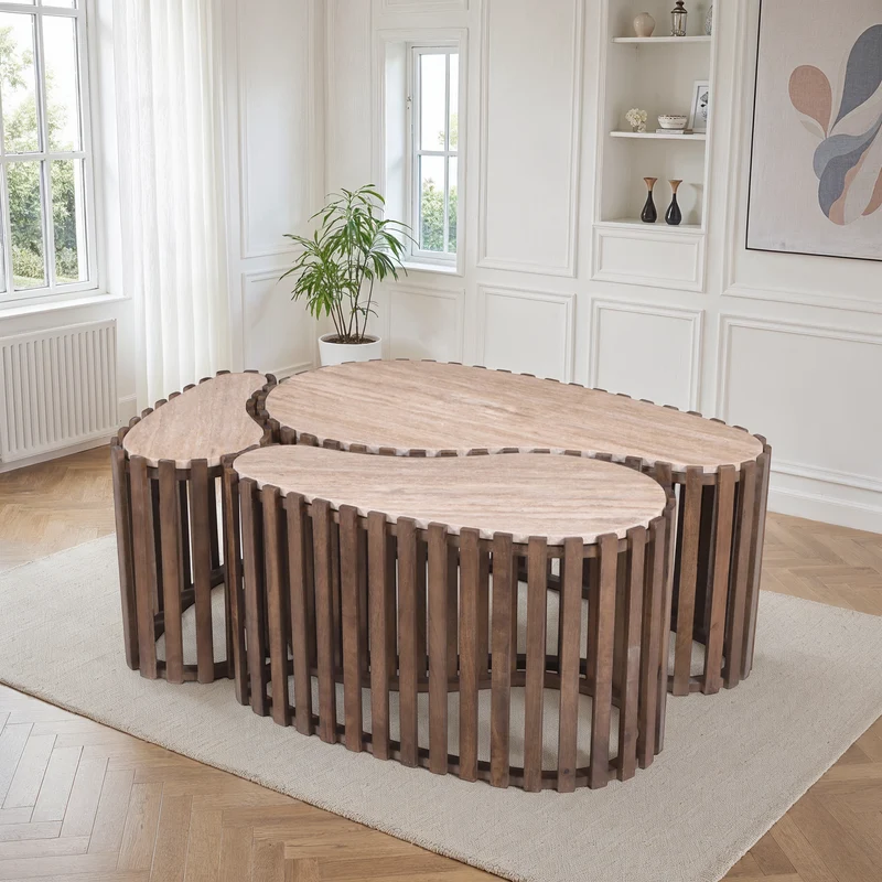 Set de 3 tables basses en bois avec plateau en céramique, 90x52xH40CM, 70x38xH40Cm et 50x26xH40CM - CALYRA