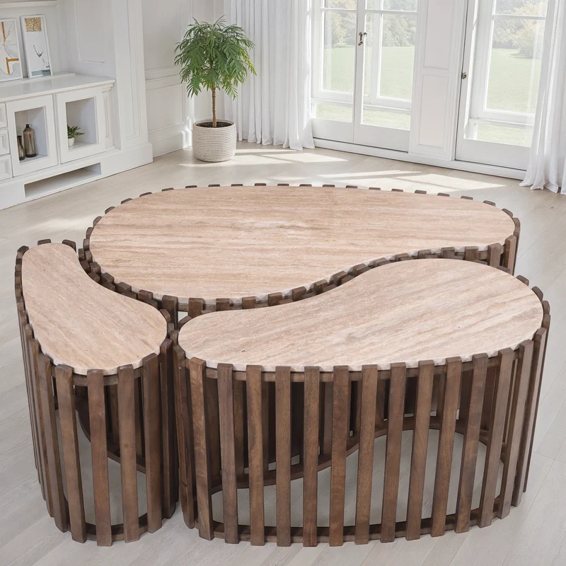 Set de 3 tables basses en bois avec plateau en céramique, 90x52xH40CM, 70x38xH40Cm et 50x26xH40CM - CALYRA