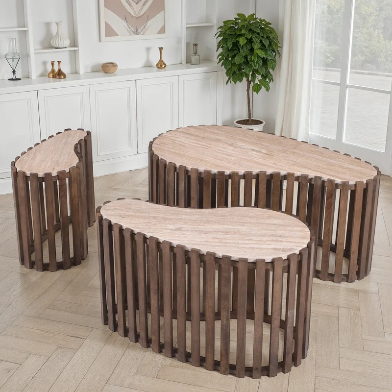 Set de 3 tables basses en bois avec plateau en céramique, 90x52xH40CM, 70x38xH40Cm et 50x26xH40CM - CALYRA